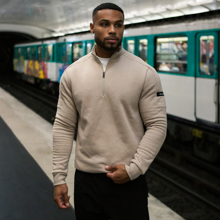 Bee Inspired Klose 1/4 Zip in Clay, slim fit quarter-zip with stretch cuffs and hem, close-up crop shot