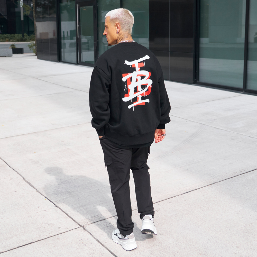 Bee Inspired Tonali Crew in Black/Red, heavyweight cotton crewneck sweatshirt with graffiti-style graphics, full outfit view