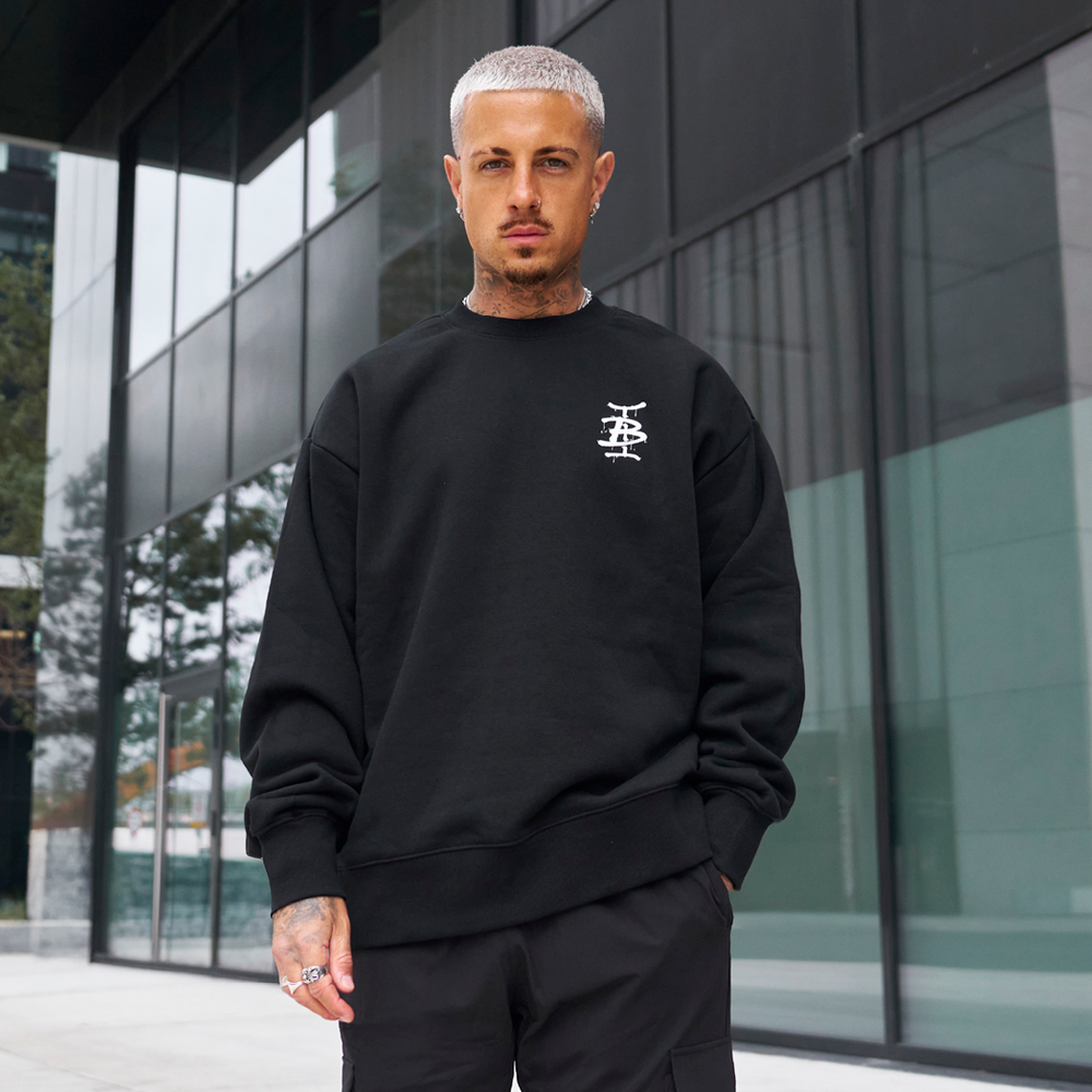 Bee Inspired Tonali Crew in Black/Red, heavyweight cotton crewneck sweatshirt with graffiti-style chest graphic, front view