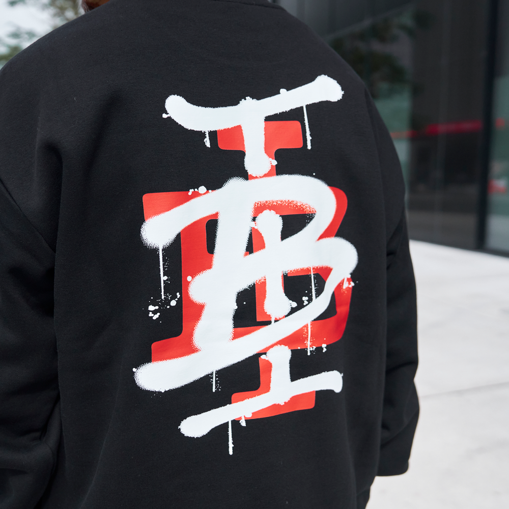 Bee Inspired Tonali Crew in Black/Red, close-up of large graffiti-style back graphic detail