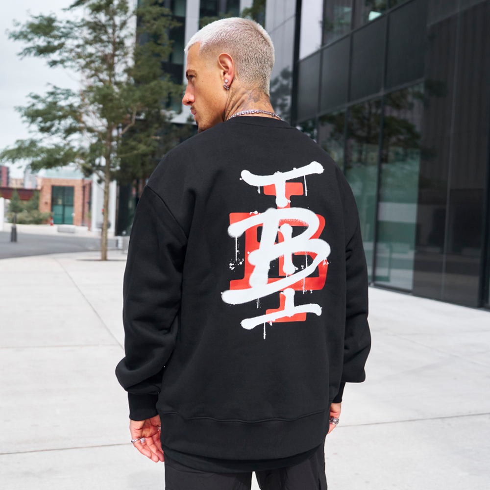 Bee Inspired Tonali Crew in Black/Red, heavyweight cotton crewneck sweatshirt with large graffiti-style graphic, back view