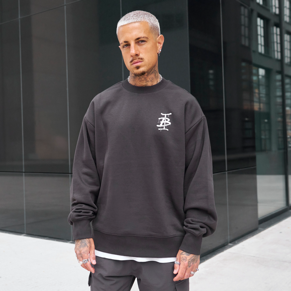 Bee Inspired Tonali Crew in Coal, heavyweight cotton crewneck sweatshirt with graffiti-style chest graphic, front view