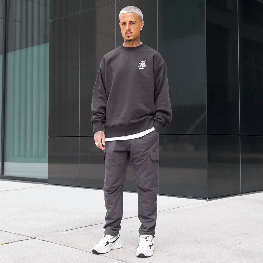 Bee Inspired Tonali Crew in Coal, heavyweight cotton crewneck sweatshirt with graffiti-style graphics, full outfit view