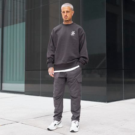 Bee Inspired Tonali Crew in Coal, heavyweight cotton crewneck sweatshirt with graffiti-style graphics, full outfit view