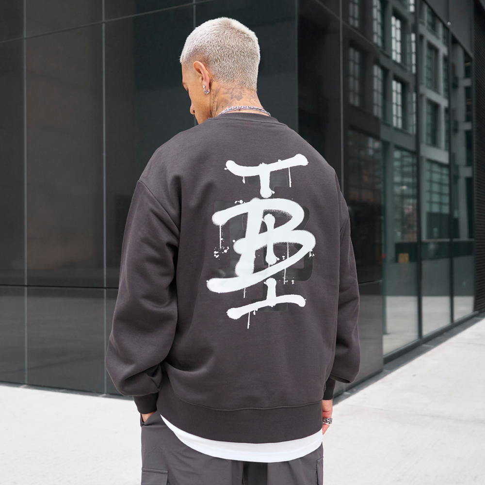Bee Inspired Tonali Crew in Coal, heavyweight cotton crewneck sweatshirt with large graffiti-style graphic, back view