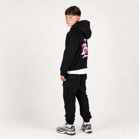 Bee Inspired Junior Tonali Hoodie in Black/Pink, relaxed fit junior hoodie with a graffiti-style BI monogram print, close-up