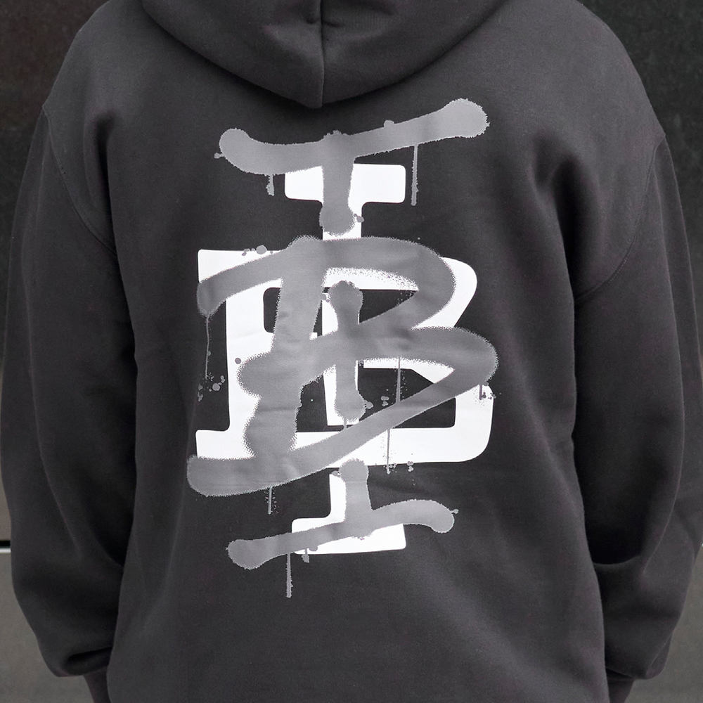 Bee Inspired Tonali Hoodie in Black, close-up of large graffiti-style back graphic detail