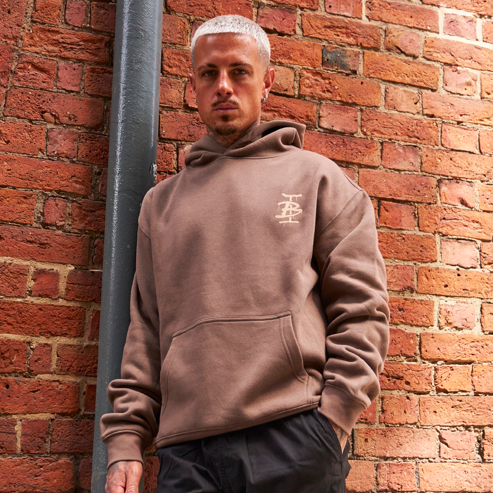 Bee Inspired Tonali Hoodie in walnut, heavyweight cotton hoodie with graffiti-style chest graphic, front view