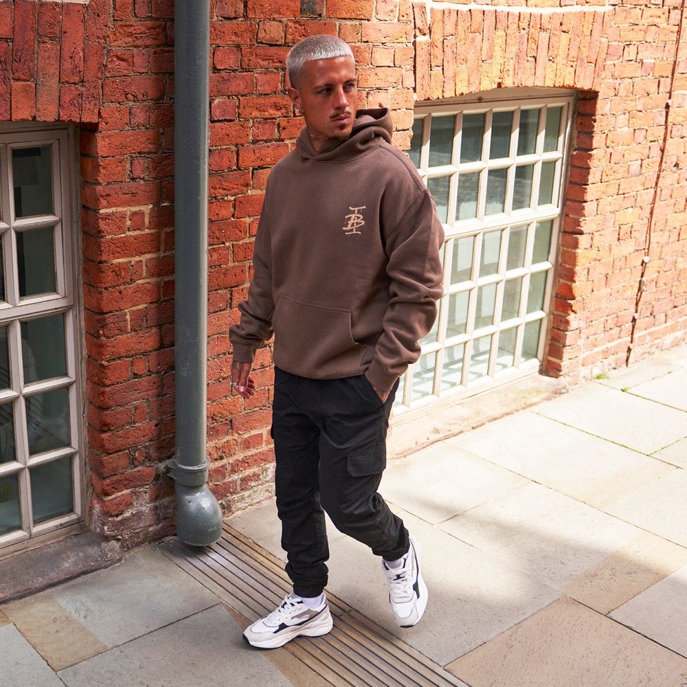 Bee Inspired Tonali Hoodie in Walnut, heavyweight cotton hoodie with graffiti-style graphics, full outfit view