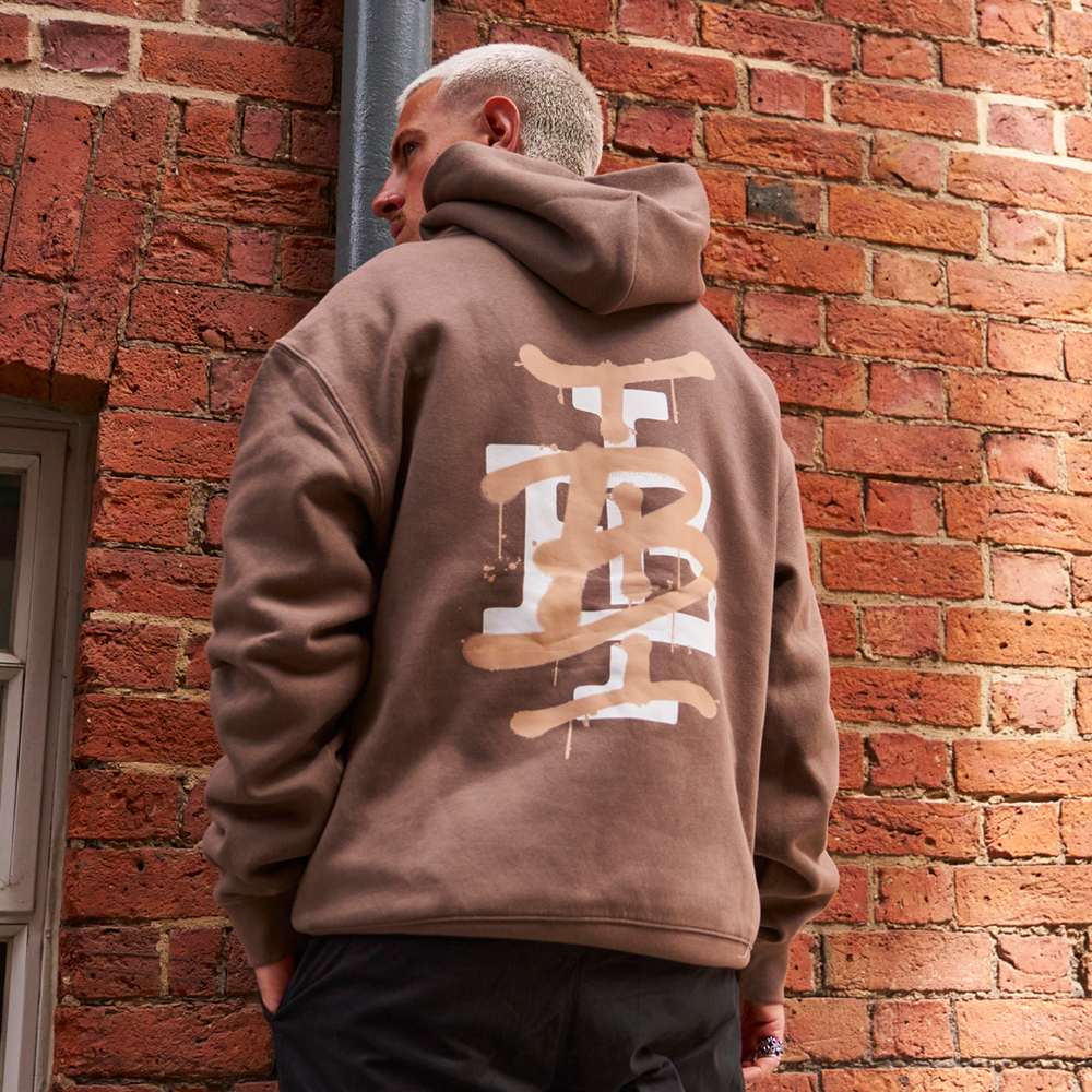 Bee Inspired Tonali Hoodie in Walnut, heavyweight cotton hoodie with large graffiti-style graphic, back view