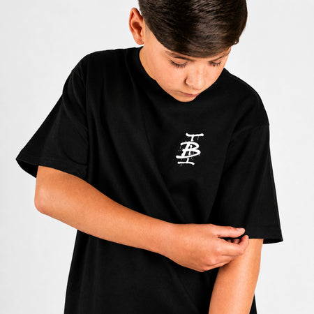 Bee Inspired Junior Tonali T-Shirt in Black/Aqua, heavyweight cotton junior tee with a graffiti-style graphic, styled shot