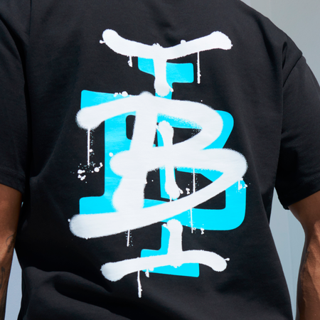 Bee Inspired Tonali Oversized T-Shirt in Black/Aqua, oversized tee with a graffiti-style BI monogram print, back view