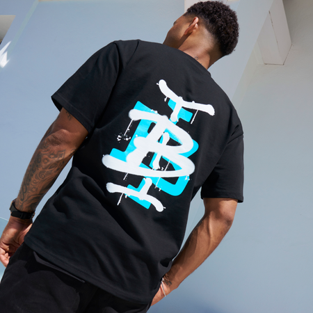 Bee Inspired Tonali Oversized T-Shirt in Black/Aqua, oversized tee with a graffiti-style BI monogram print, front view
