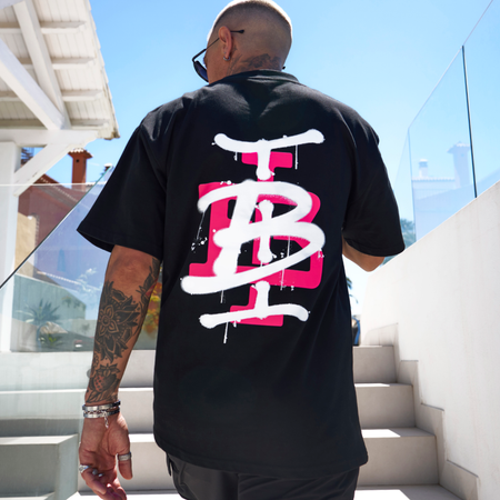 Bee Inspired Tonali Oversized T-Shirt in Black/Pink, oversized tee with a graffiti-style BI monogram print, front view