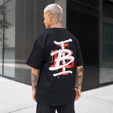 Bee Inspired Tonali Oversized T-Shirt in Black/Red, oversized tee with a graffiti-style BI monogram print, front view