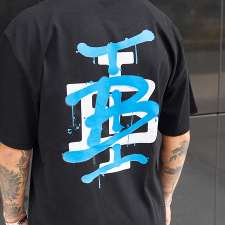 Bee Inspired Tonali Oversized T-Shirt in Black/Blue, oversized tee with a graffiti-style BI monogram print, back view