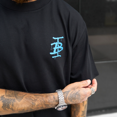 Bee Inspired Tonali Oversized T-Shirt in Black/Blue, oversized tee with a graffiti-style BI monogram print, alternate angle