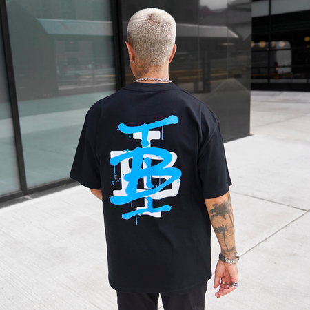 Bee Inspired Tonali Oversized T-Shirt in Black/Blue, oversized tee with a graffiti-style BI monogram print, front view