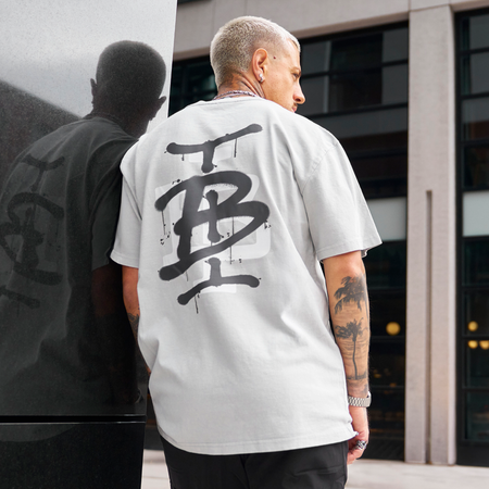 Bee Inspired Tonali Oversized T-Shirt in Faded Storm, oversized tee with a graffiti-style BI monogram print, front view