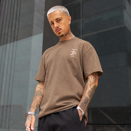 Bee Inspired Tonali Oversized T-Shirt in Walnut, oversized tee with a graffiti-style BI monogram print, styled shot