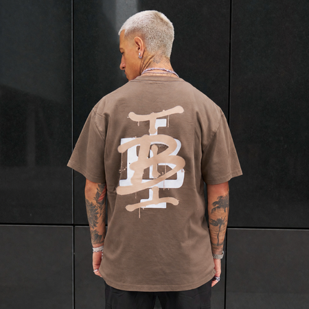 Bee Inspired Tonali Oversized T-Shirt in Walnut, oversized tee with a graffiti-style BI monogram print, front view