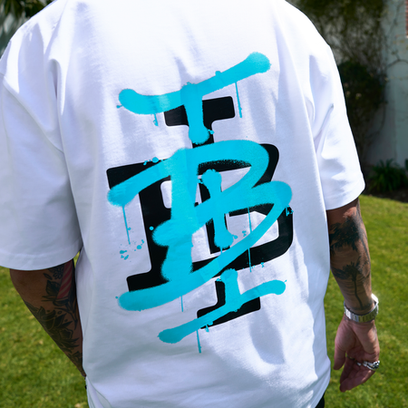 Bee Inspired Tonali Oversized T-Shirt in White/Aqua, oversized tee with a graffiti-style BI monogram print, back view