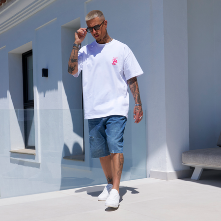 Bee Inspired Tonali Oversized T-Shirt in White/Pink, oversized tee with a graffiti-style BI monogram print, styled shot