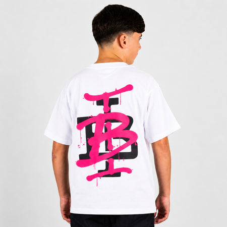 Bee Inspired Junior Tonali T-Shirt in White/Pink, heavyweight cotton junior tee with a graffiti-style graphic, front view