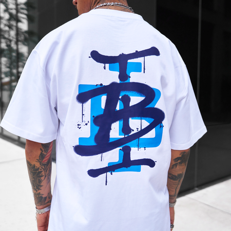 Bee Inspired Tonali Oversized T-Shirt in White/Blue, oversized tee with a graffiti-style BI monogram print, back view