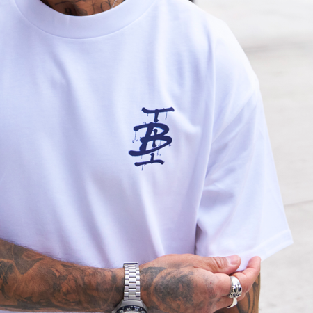 Bee Inspired Tonali Oversized T-Shirt in White/Blue, oversized tee with a graffiti-style BI monogram print, alternate angle