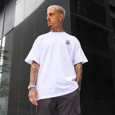 Bee Inspired Tonali Oversized T-Shirt in White/Blue, oversized tee with a graffiti-style BI monogram print, styled shot