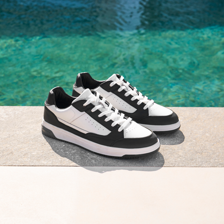 Bee Inspired Renato Cupsole Trainer in White/Black, court-inspired trainer with a premium finish, close-up crop shot