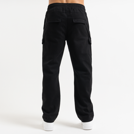 Bee Inspired Verdi Cargo Pant in Black, relaxed fit carpenter-style cargo trousers with a drawcord waistband, close-up