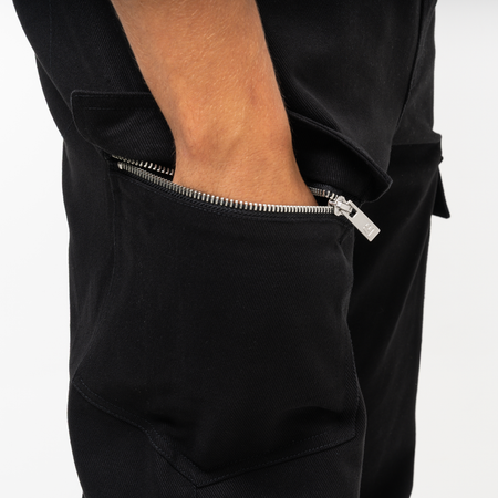 Bee Inspired Verdi Cargo Pant in Black, relaxed fit carpenter-style cargo trousers with a drawcord waistband, front view