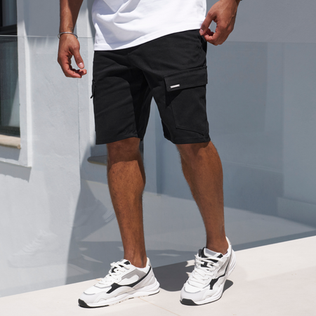 Bee Inspired Verdi Cargo Shorts in Black, relaxed fit carpenter-style cargo shorts, front view