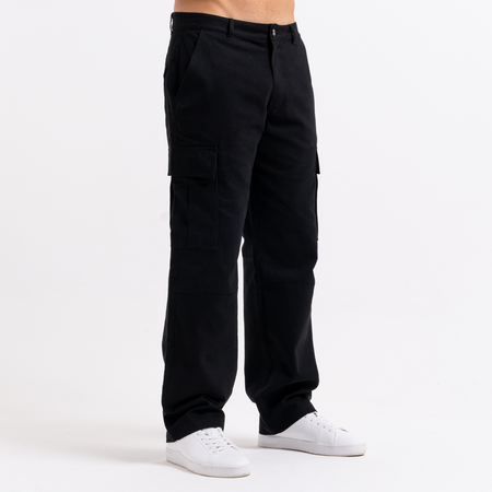 Bee Inspired Victor Cargo Pants in Black, relaxed fit cargo trousers with 3D pleat pockets and an open hem, close-up