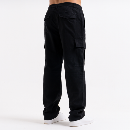 Bee Inspired Victor Cargo Pants in Black, relaxed fit cargo trousers with 3D pleat pockets and an open hem, back view