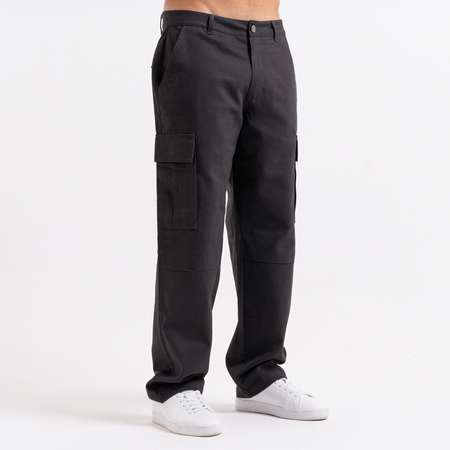 Bee Inspired Victor Cargo Pants in Charcoal, relaxed fit cargo trousers with 3D pleat pockets and an open hem, close-up