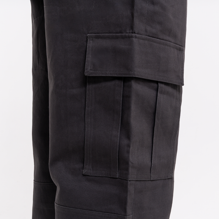 Bee Inspired Victor Cargo Pants in Charcoal, relaxed fit cargo trousers with 3D pleat pockets and an open hem, styled shot