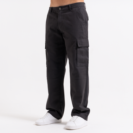 Bee Inspired Victor Cargo Pants in Charcoal, relaxed fit cargo trousers with 3D pleat pockets and an open hem, styled shot