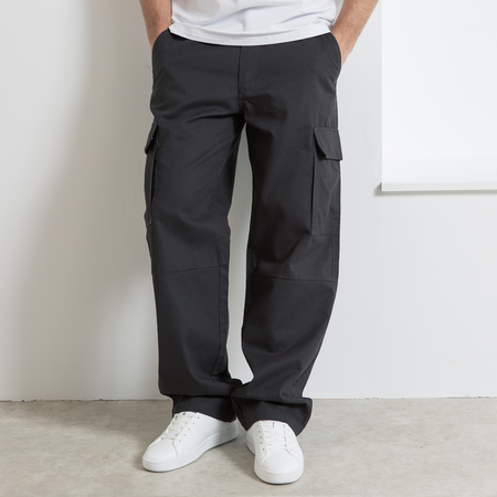 Bee Inspired Victor Cargo Pants in Charcoal, relaxed fit cargo trousers with 3D pleat pockets and an open hem, front view