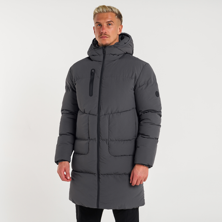 Bee Inspired Villar Longline Jacket in Charcoal, longline puffer jacket for winter warmth, front view