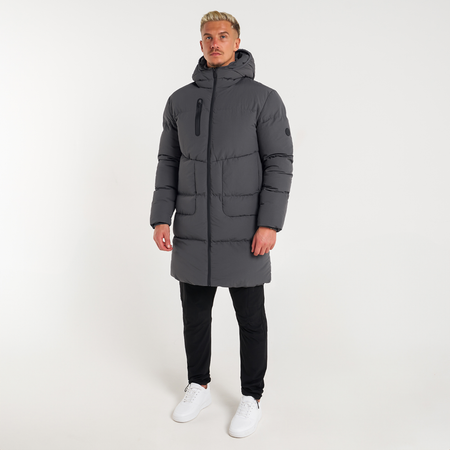 Bee Inspired Villar Longline Jacket in Charcoal, longline puffer jacket for winter warmth, styled shot