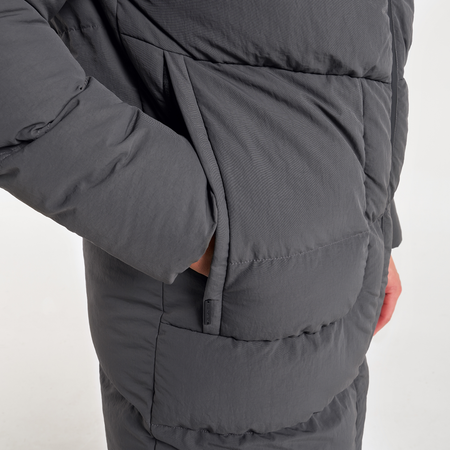 Bee Inspired Villar Longline Jacket in Charcoal, longline puffer jacket for winter warmth, alternate angle